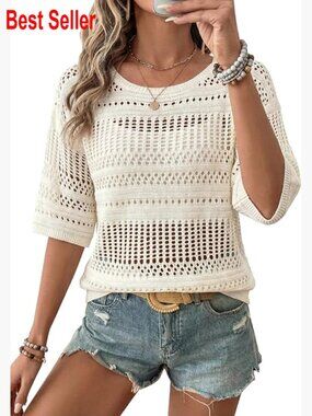 Crochet Pullover Half Sleeve Hollow Out Beach Vacation Cover Up Sweater